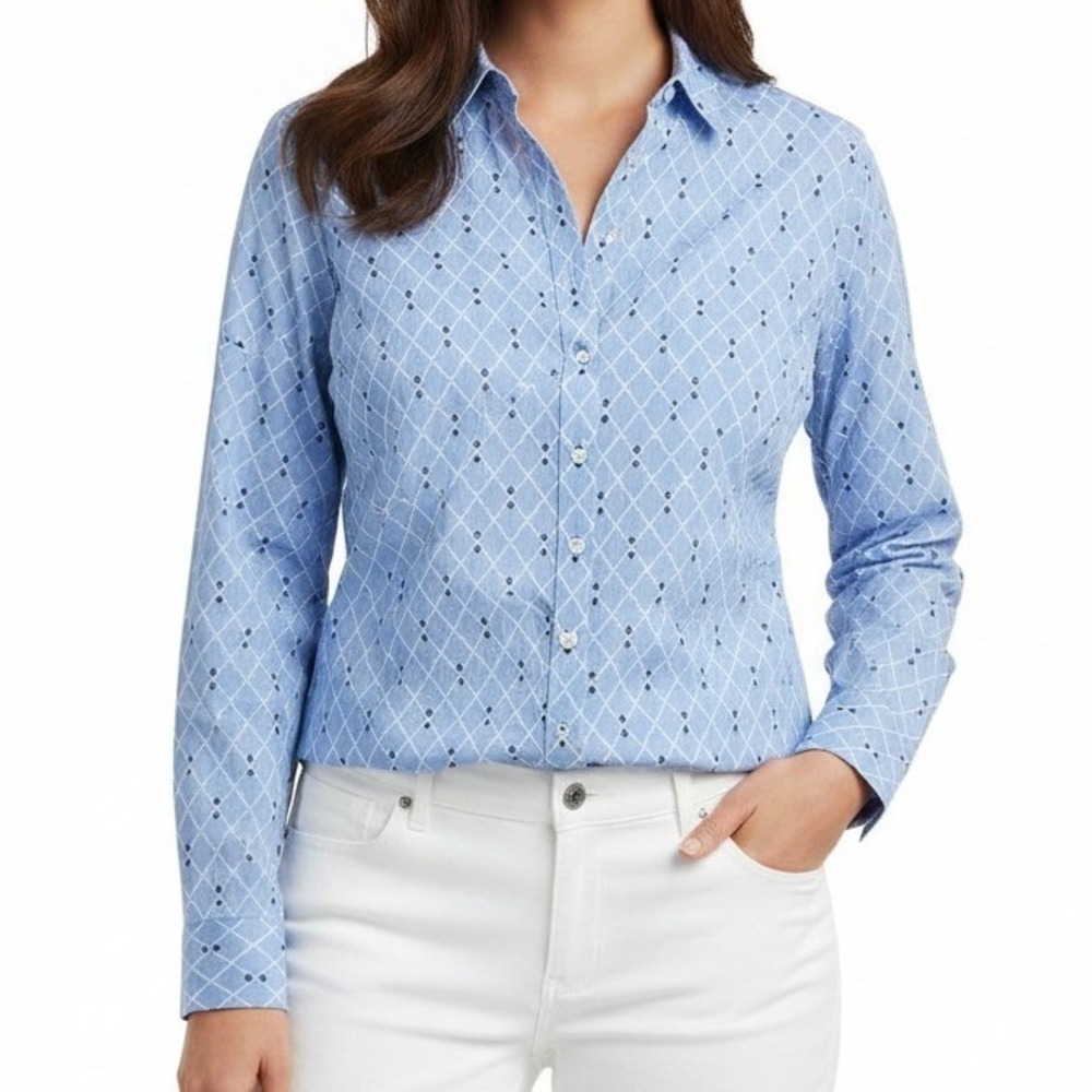 Talbots Women's Light Blue Geometric Wrinkle Resistant Button Down Shirt Size 16